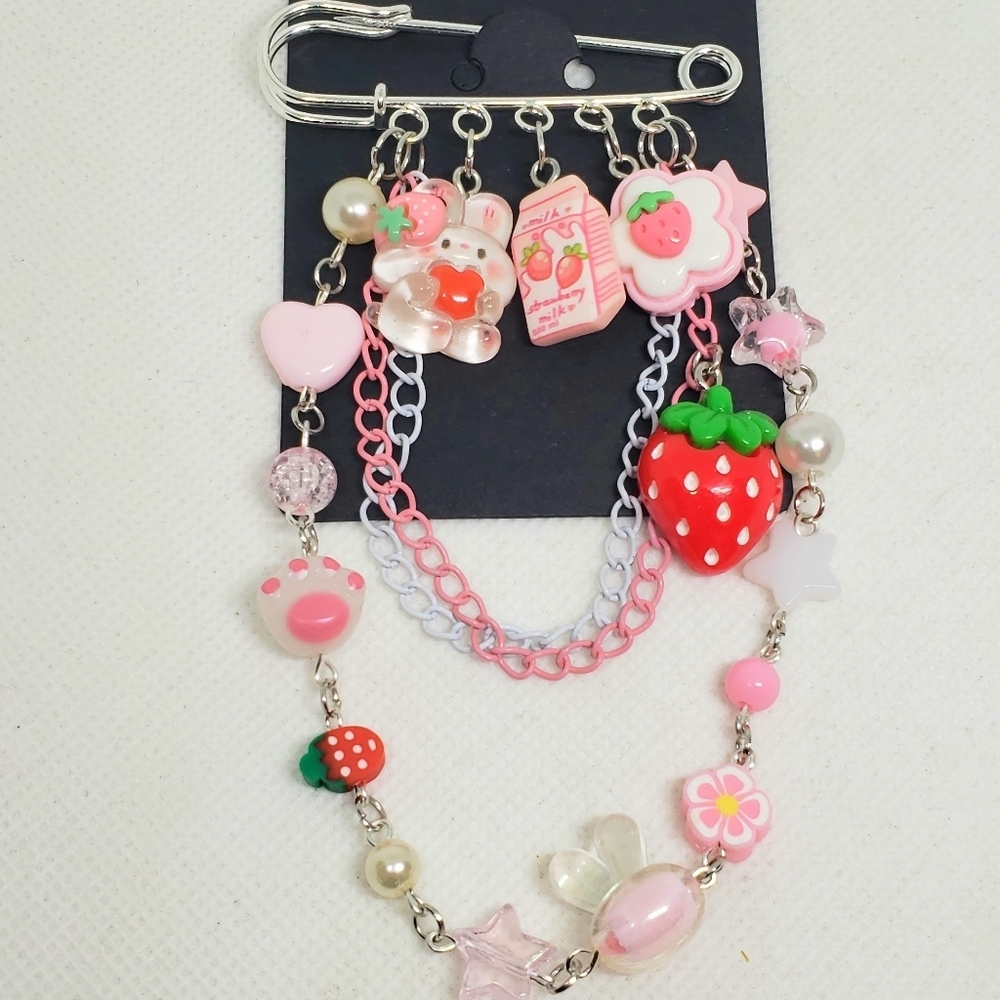 Handmade White Pink Strawberry Kawaii Bunny Charm Safety Pin Brooch